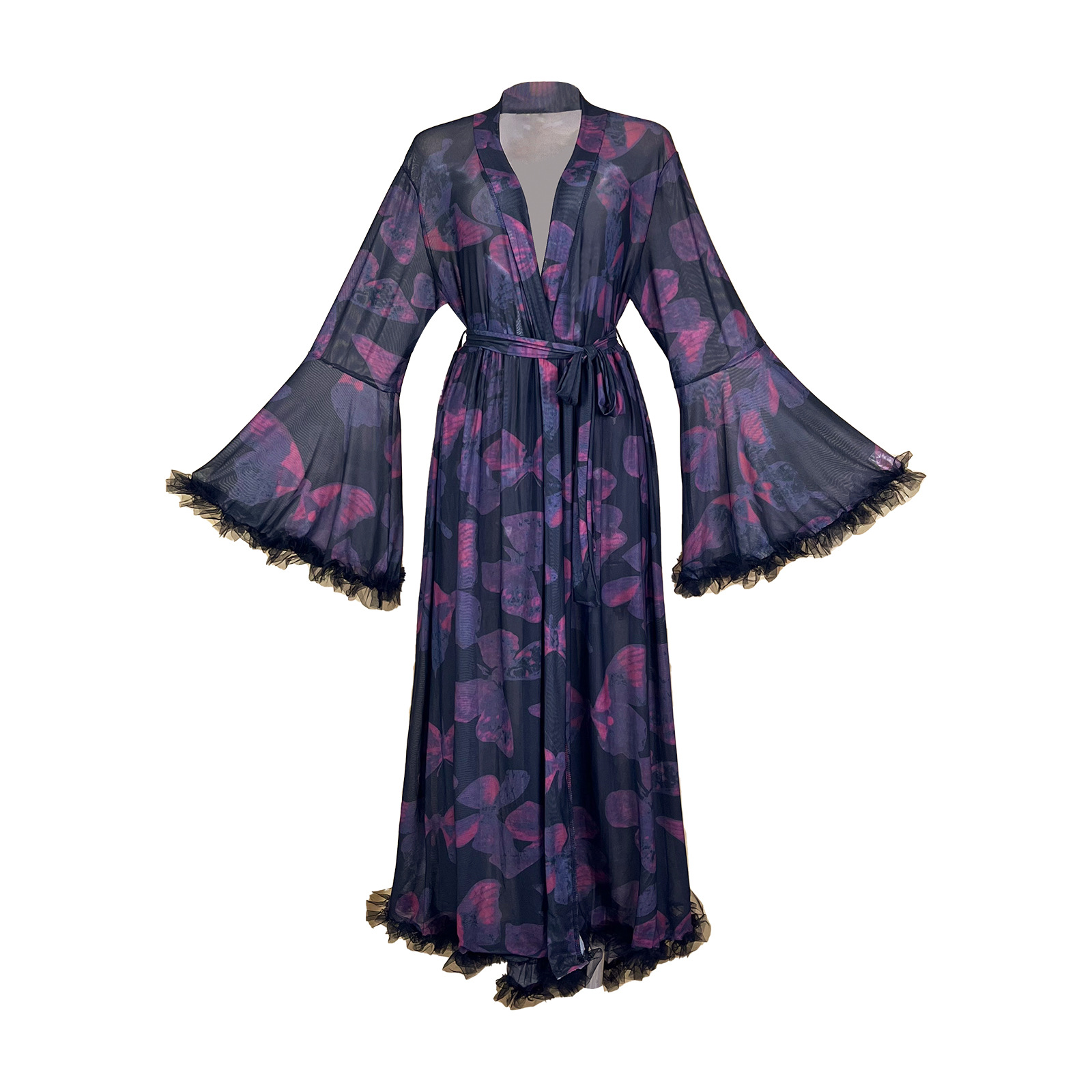 Kimono Sheer Floral - Summer Sheer Printed Mesh Robe Floral
