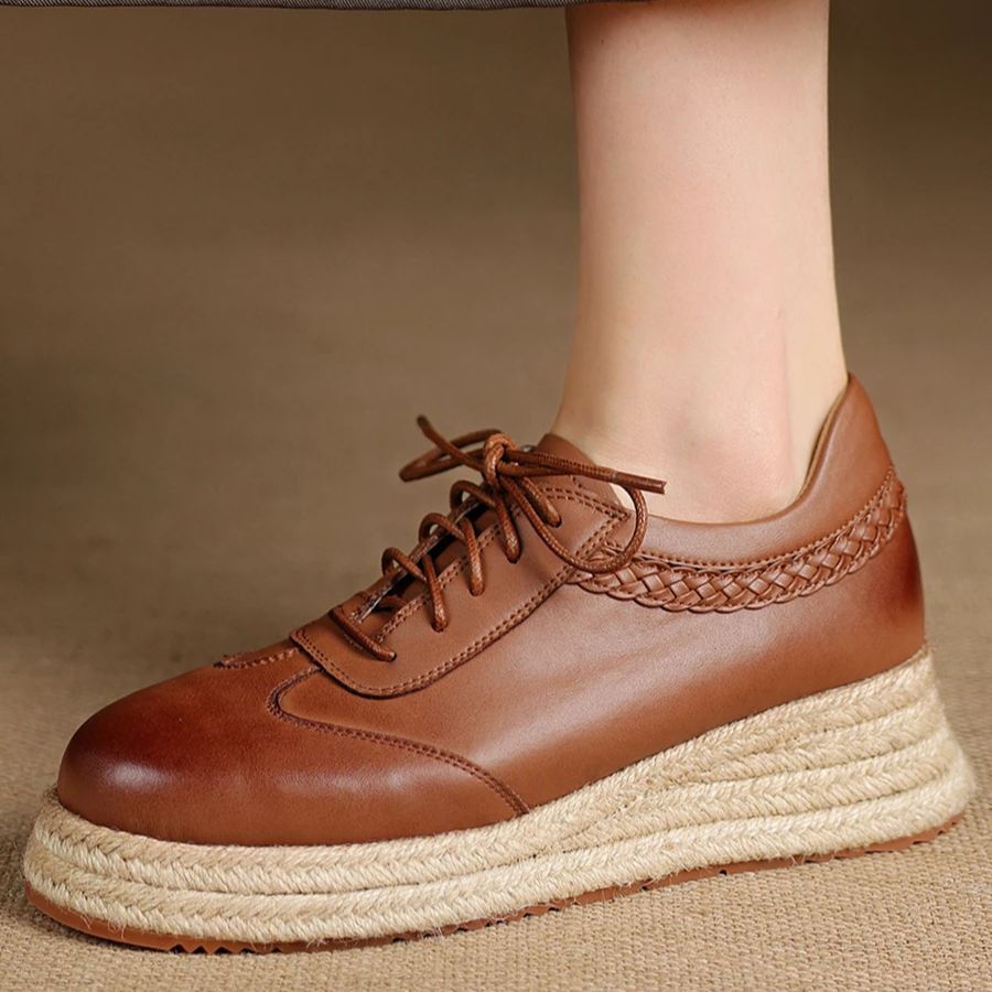 Wedge Espadrille Women - EAGSITY Cow Leather brown oxford shoes