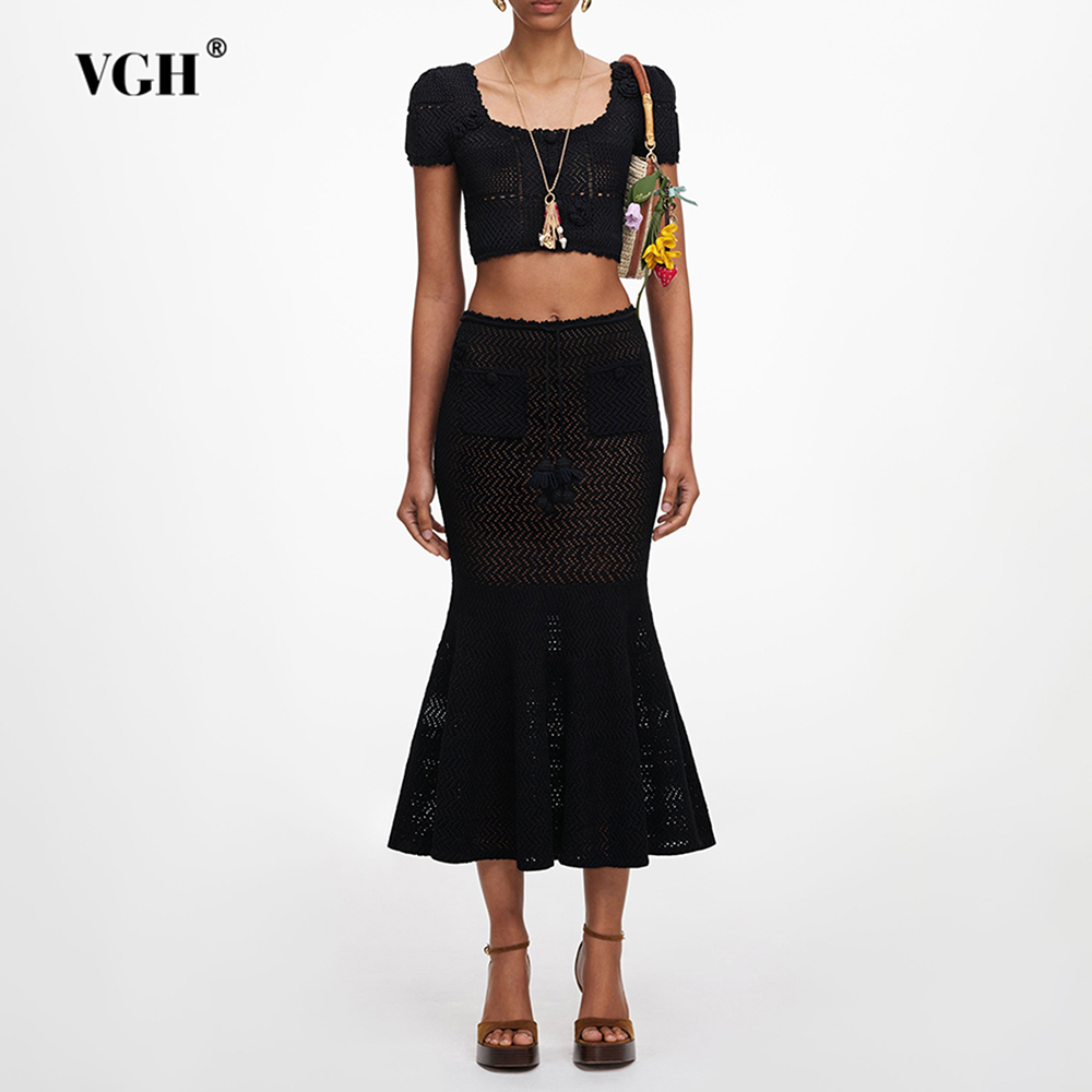 VGH Black 3D Floral Hollow Kni - Crop Top Crochet 评论和价格