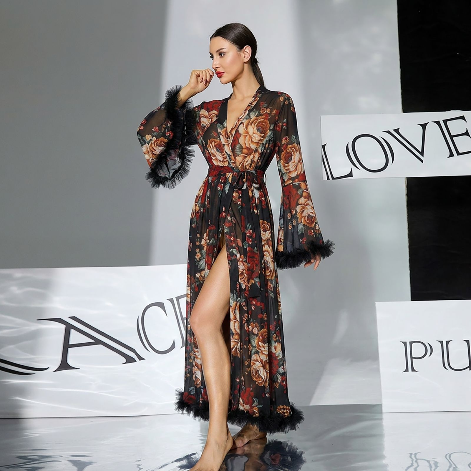 Summer Sheer Printed Mesh Robe - Kimono Sheer Floral 评论和价格