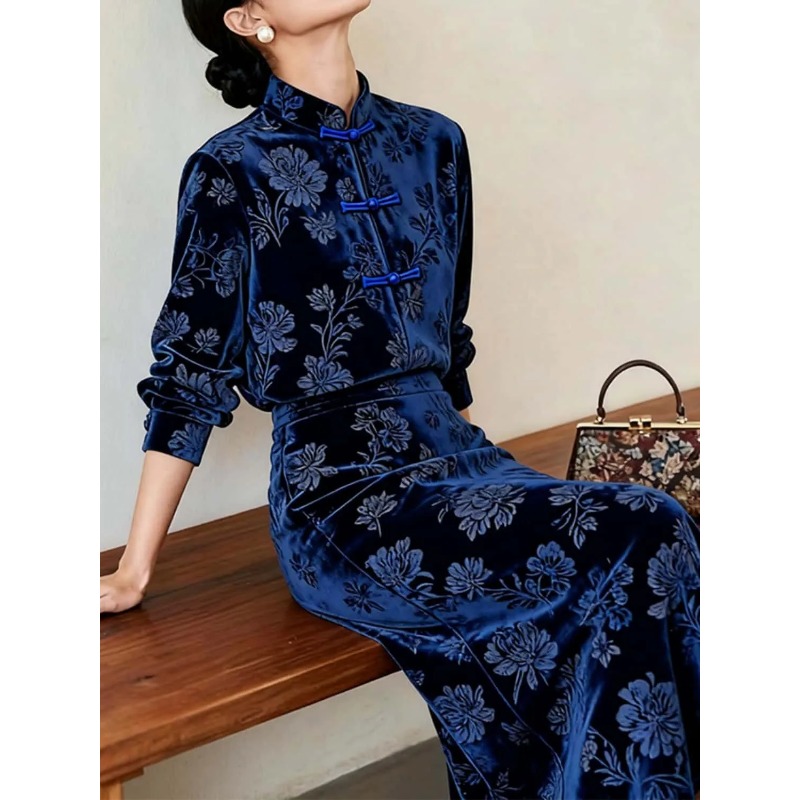 Women New Chinese Style Velvet - Midi Skirt Floral 评论和价格